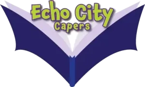Echo City Capers logo - open book with bat wings
