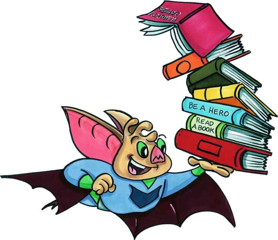 Nightbat, the Echo City Capers superhero bat, flying with a stack of children's books