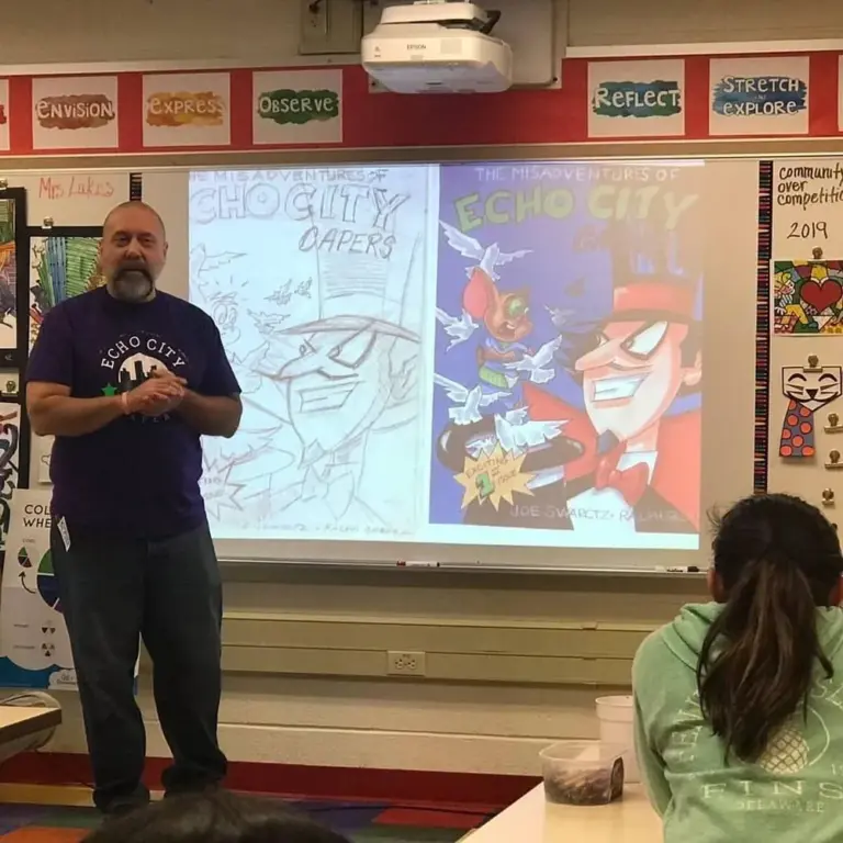 Joe from Echo City Capers during a school visit at March Elementary